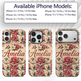 Red and Cream Botanical Flower Garden Seamless Custom Name Protective Phone Case Mobile Cover Durable Everyday Smartphone Shock Resistant