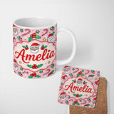 Personalized Custom Name Cute Santa Holly Candy Cane Bauble Seamless Pattern Christmas Lovely 11oz Ceramic Coffee Tea Mug White Large Handle