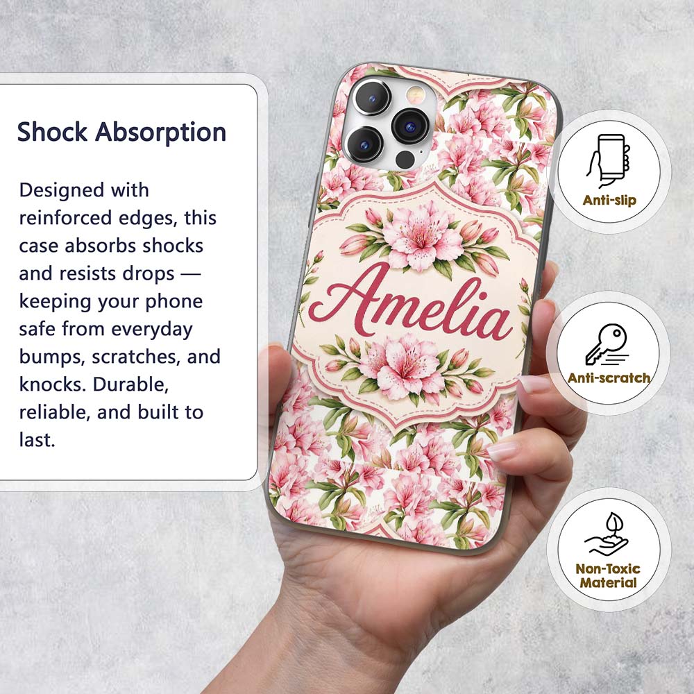 Delicate Pink Lily Flowers on White Background Custom Name Protective Phone Case Mobile Cover Durable Everyday Smartphone Shock Resistant