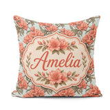 Custom Name Coral Branch Floral on Soft Blue Background Seamless Square Filled Cushion Throw Pillow Sofa Bed Home Decor Zip Washable UK Made
