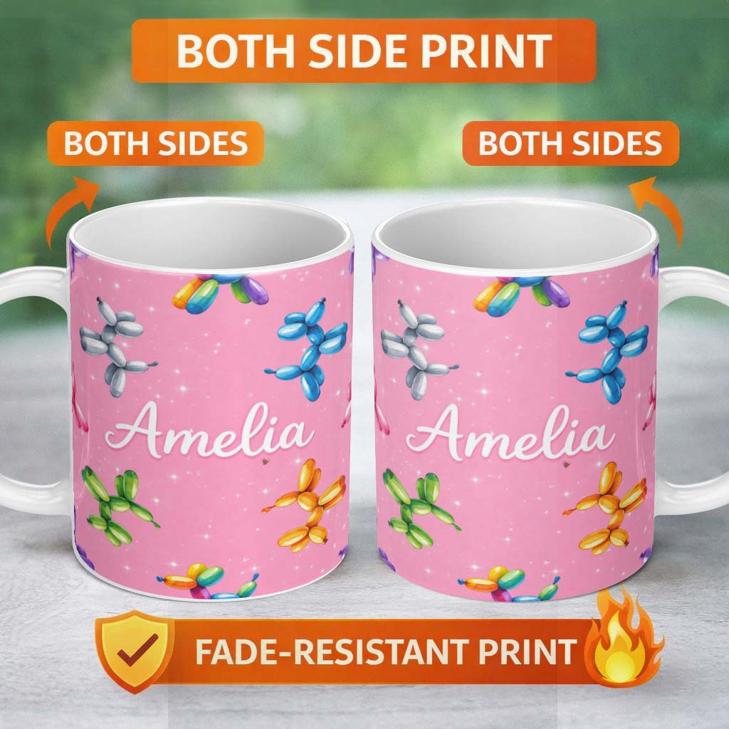 Personalized Custom Name Balloon Dog Seamless Pattern Pink Background Colorful Party Design 11oz Ceramic Coffee Tea Mug White Large Handle