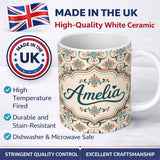 Personalized Custom Name Soft Teal Floral Tile Pattern with Coral Accents on Neutral Lovely 11oz Ceramic Coffee Tea Mug White Large Handle