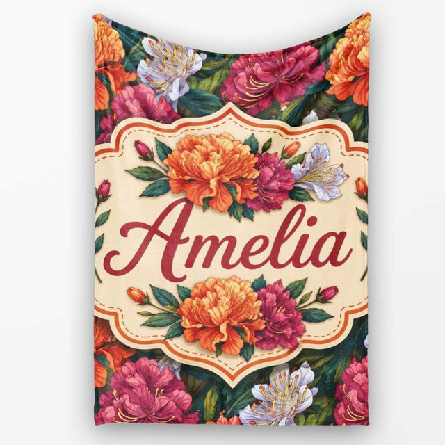 Orange Purple and White Floral Botanical Seamless Pattern Lovely  Personalised Custom Name Super Soft Fleece Blanket Bed Sofa Throw
