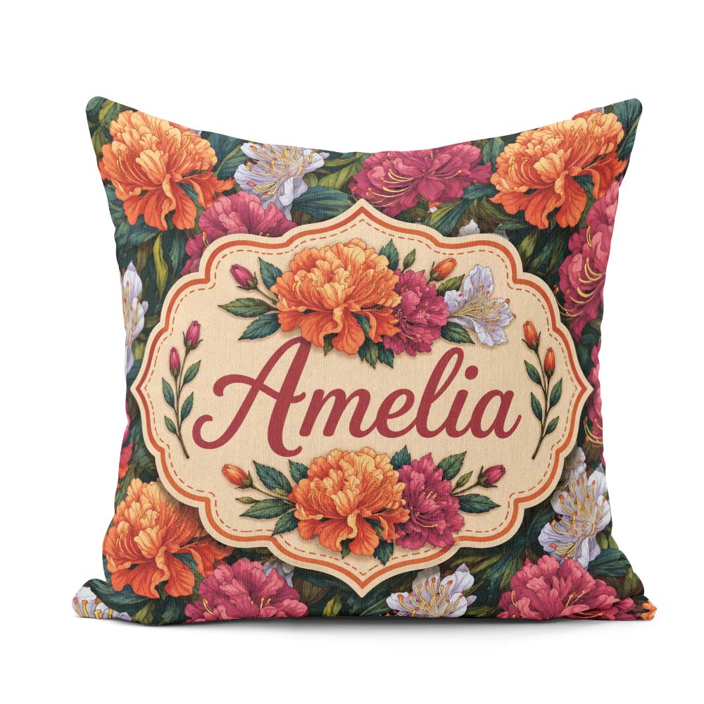 Custom Name Orange Purple and Floral Botanical Seamless Pattern Square Filled Cushion Throw Pillow Sofa Bed Home Decor Zip Washable UK Made