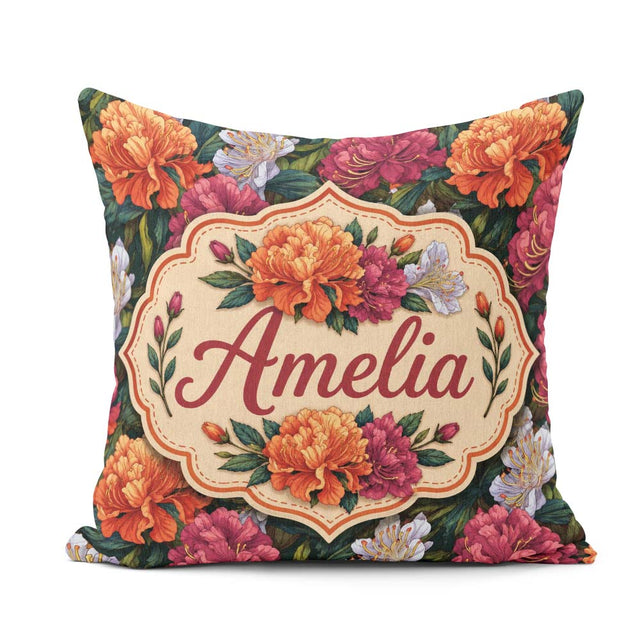 Custom Name Orange Purple and Floral Botanical Seamless Pattern Square Filled Cushion Throw Pillow Sofa Bed Home Decor Zip Washable UK Made