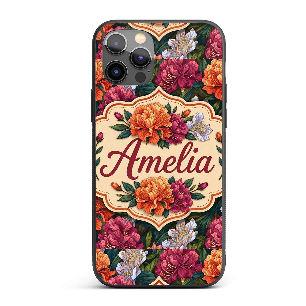 Orange Purple and White Floral Botanical Seamless Custom Name Protective Phone Case Mobile Cover Durable Everyday Smartphone Shock Resistant