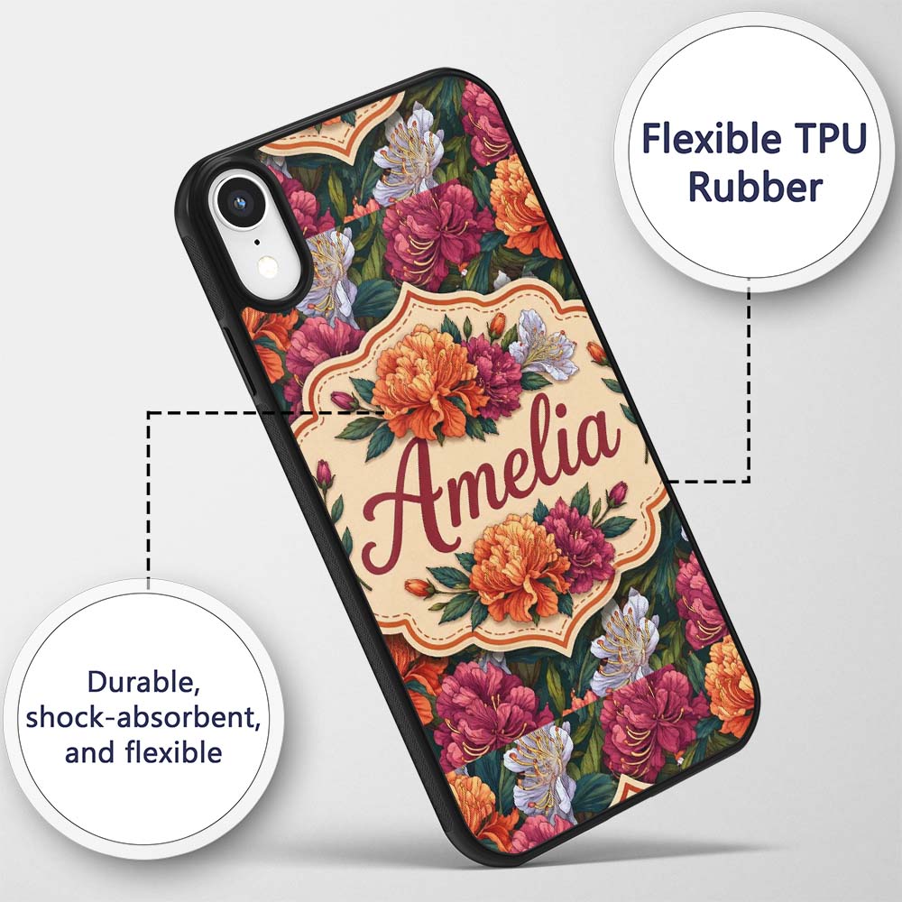 Orange Purple and White Floral Botanical Seamless Custom Name Protective Phone Case Mobile Cover Durable Everyday Smartphone Shock Resistant