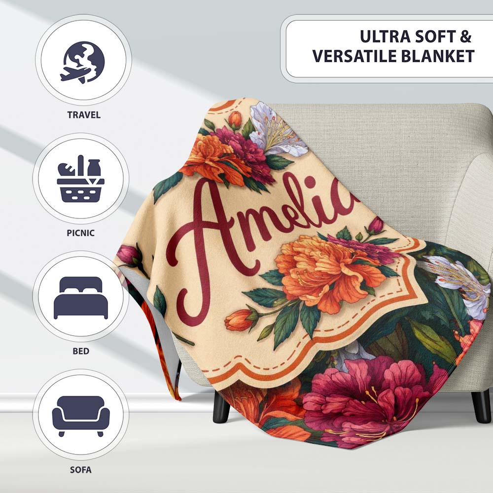 Orange Purple and White Floral Botanical Seamless Pattern Lovely  Personalised Custom Name Super Soft Fleece Blanket Bed Sofa Throw