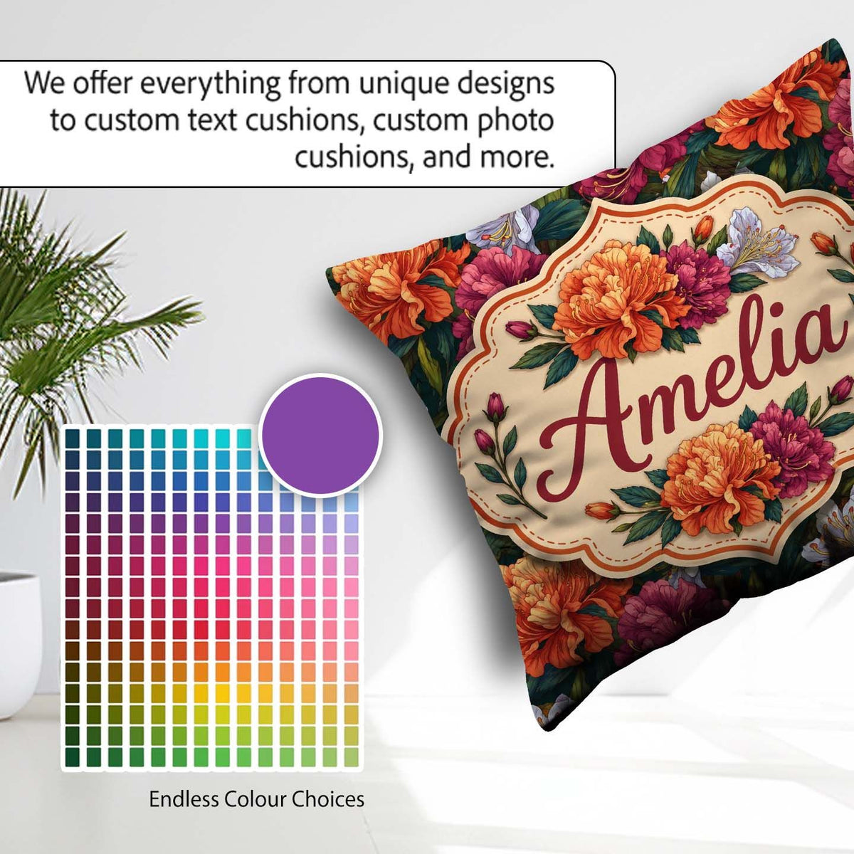 Custom Name Orange Purple and Floral Botanical Seamless Pattern Square Filled Cushion Throw Pillow Sofa Bed Home Decor Zip Washable UK Made