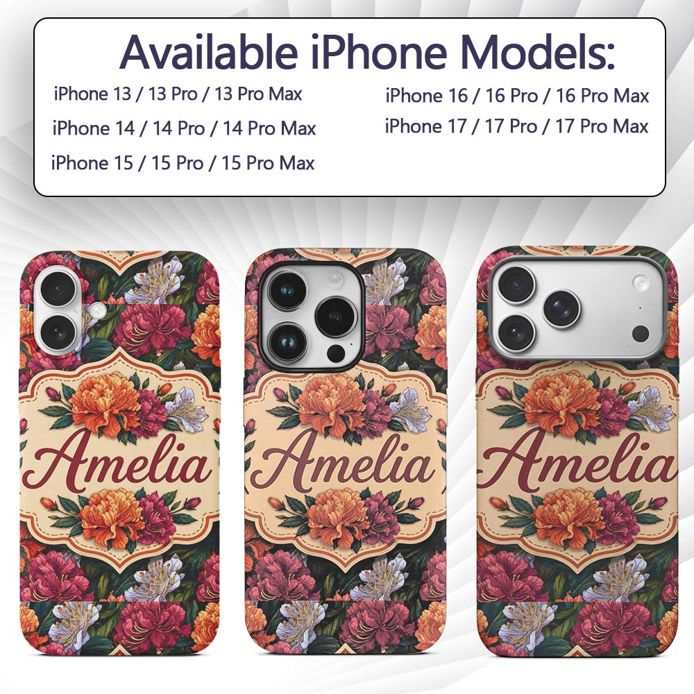 Orange Purple and White Floral Botanical Seamless Custom Name Protective Phone Case Mobile Cover Durable Everyday Smartphone Shock Resistant