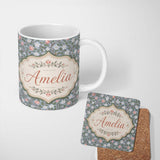 Personalized Custom Name Delicate Small Floral Vine Pattern Soft Green Background Seamless 11oz Ceramic Coffee Tea Mug White Large Handle