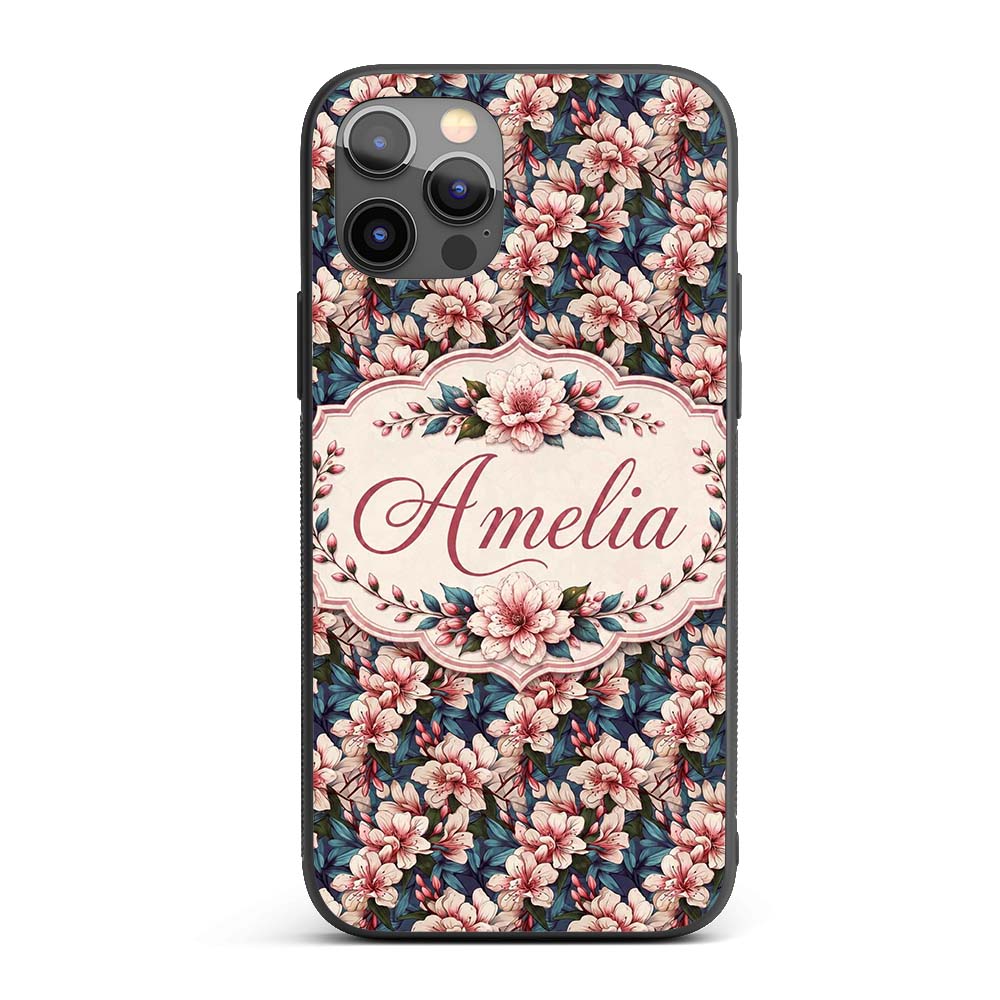 Elegant Pink Blossom Floral with Blue Leaves Custom Name Protective Phone Case Mobile Cover Durable Everyday Smartphone Shock Resistant