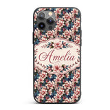 Elegant Pink Blossom Floral with Blue Leaves Custom Name Protective Phone Case Mobile Cover Durable Everyday Smartphone Shock Resistant
