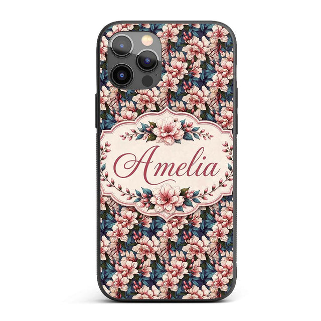 Elegant Pink Blossom Floral with Blue Leaves Custom Name Protective Phone Case Mobile Cover Durable Everyday Smartphone Shock Resistant