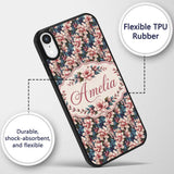Elegant Pink Blossom Floral with Blue Leaves Custom Name Protective Phone Case Mobile Cover Durable Everyday Smartphone Shock Resistant