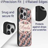 Elegant Pink Blossom Floral with Blue Leaves Custom Name Protective Phone Case Mobile Cover Durable Everyday Smartphone Shock Resistant