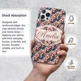 Elegant Pink Blossom Floral with Blue Leaves Custom Name Protective Phone Case Mobile Cover Durable Everyday Smartphone Shock Resistant