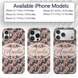 Elegant Pink Blossom Floral with Blue Leaves Custom Name Protective Phone Case Mobile Cover Durable Everyday Smartphone Shock Resistant