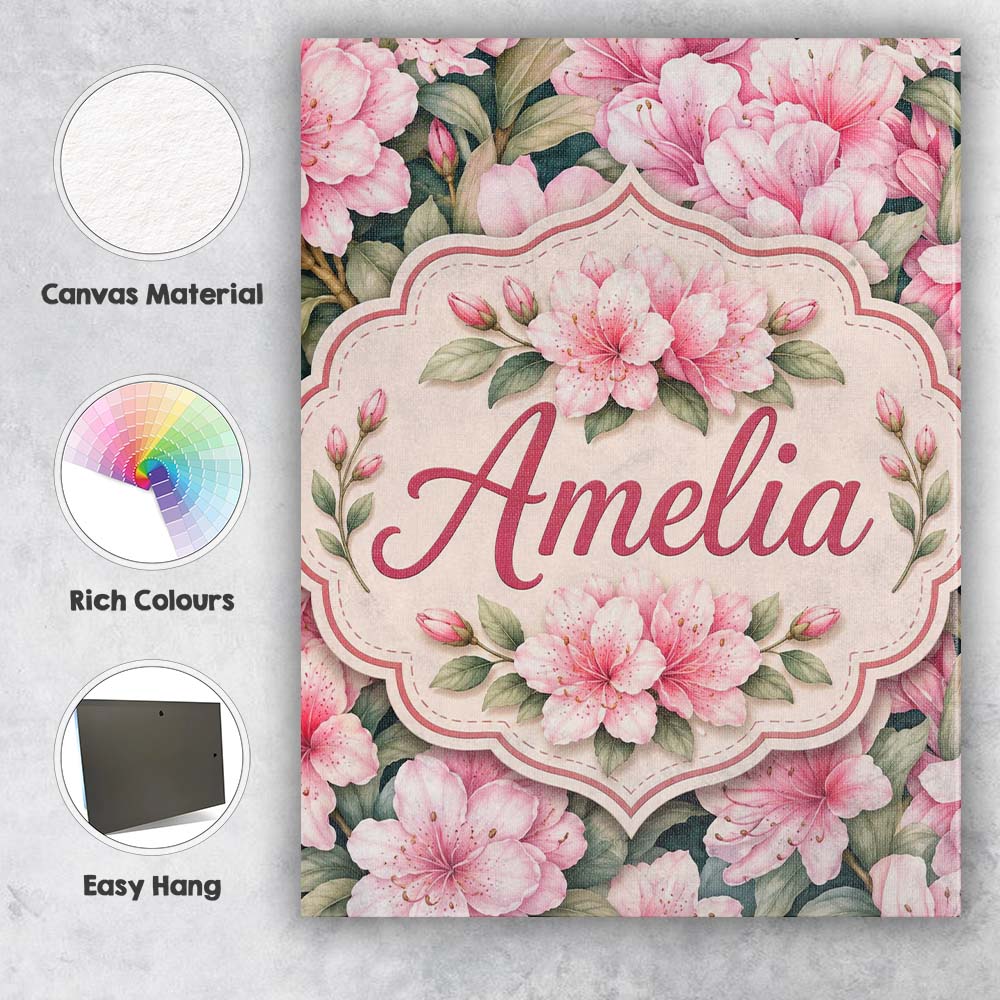 Personalised Name Soft Pink Azalea Flowers Custom  Unique Gift Idea Elegant Feature Canvas Wall Art Print Decor Picture Ready to Hang