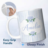 Personalized Custom Name Blue Vertical Stripe Classic Seamless Pattern Perfect Gift for Her 11oz Ceramic Coffee Tea Mug White Large Handle