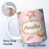 Personalized Custom Name Cute Sea Turtle Starfish Shell Kawaii Ocean Seamless Pattern Pink 11oz Ceramic Coffee Tea Mug White Large Handle