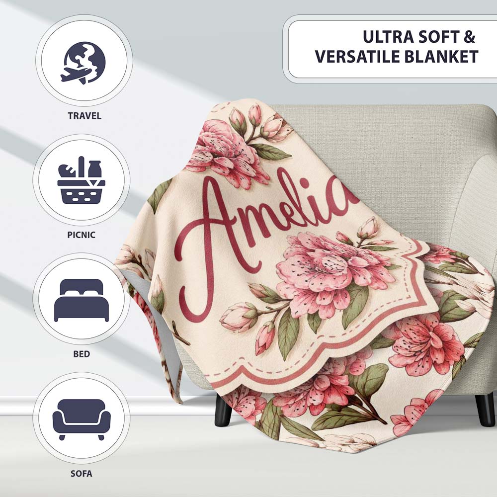 Vintage Pink Floral Branches with Neutral Background Seamless Lovely  Personalised Custom Name Super Soft Fleece Blanket Bed Sofa Throw