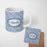 Personalized Custom Name Classic Blue White Portuguese Tile Floral Seamless Pattern Lovely 11oz Ceramic Coffee Tea Mug White Large Handle