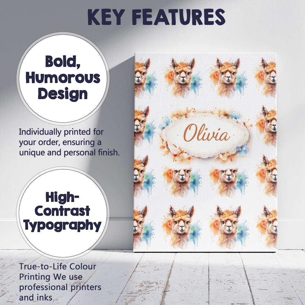 Personalised Name Watercolour Alpaca Pattern Cute Animal Artistic Custom  Bespoke Canvas Wall Art Print Decor Picture Ready to Hang