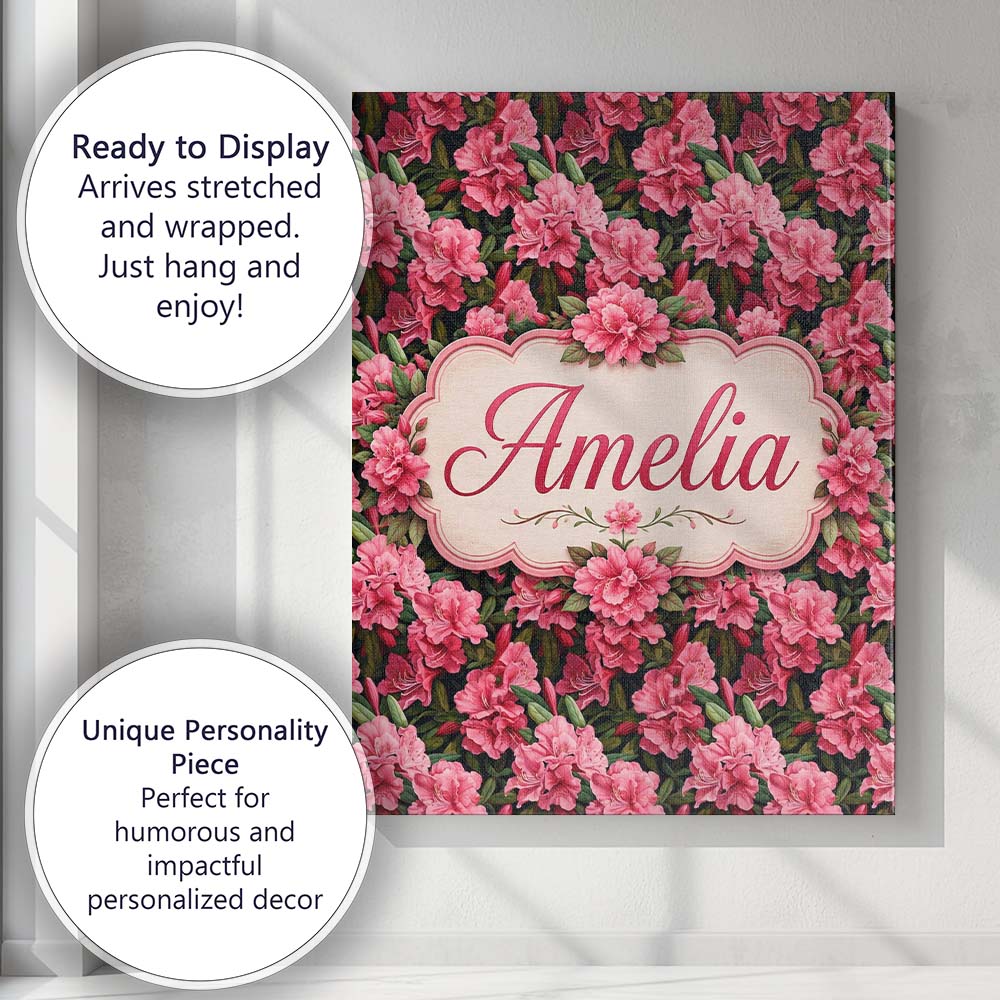 Personalised Name Vibrant Pink Rhododendron Custom  Bespoke Interior Contemporary Canvas Wall Art Print Decor Picture Ready to Hang