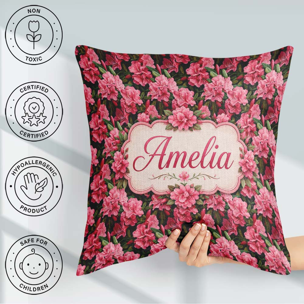 Custom Name Vibrant Pink Rhododendron Flowers Background Pattern Square Filled Cushion Throw Pillow Sofa Bed Home Decor Zip Washable UK Made