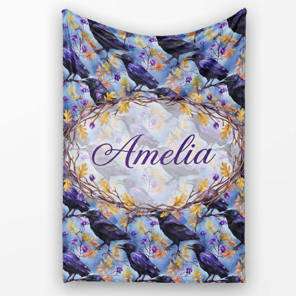 Purple Black Raven Bird with Autumn Leaves Seamless Pattern Lovely  Personalised Custom Name Super Soft Fleece Blanket Bed Sofa Throw