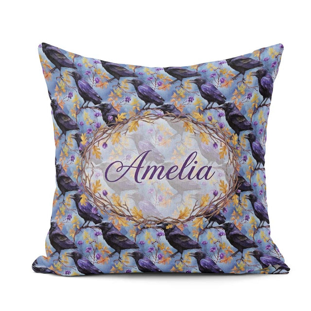 Custom Name Purple Black Raven Bird with Autumn Seamless Pattern Square Filled Cushion Throw Pillow Sofa Bed Home Decor Zip Washable UK Made