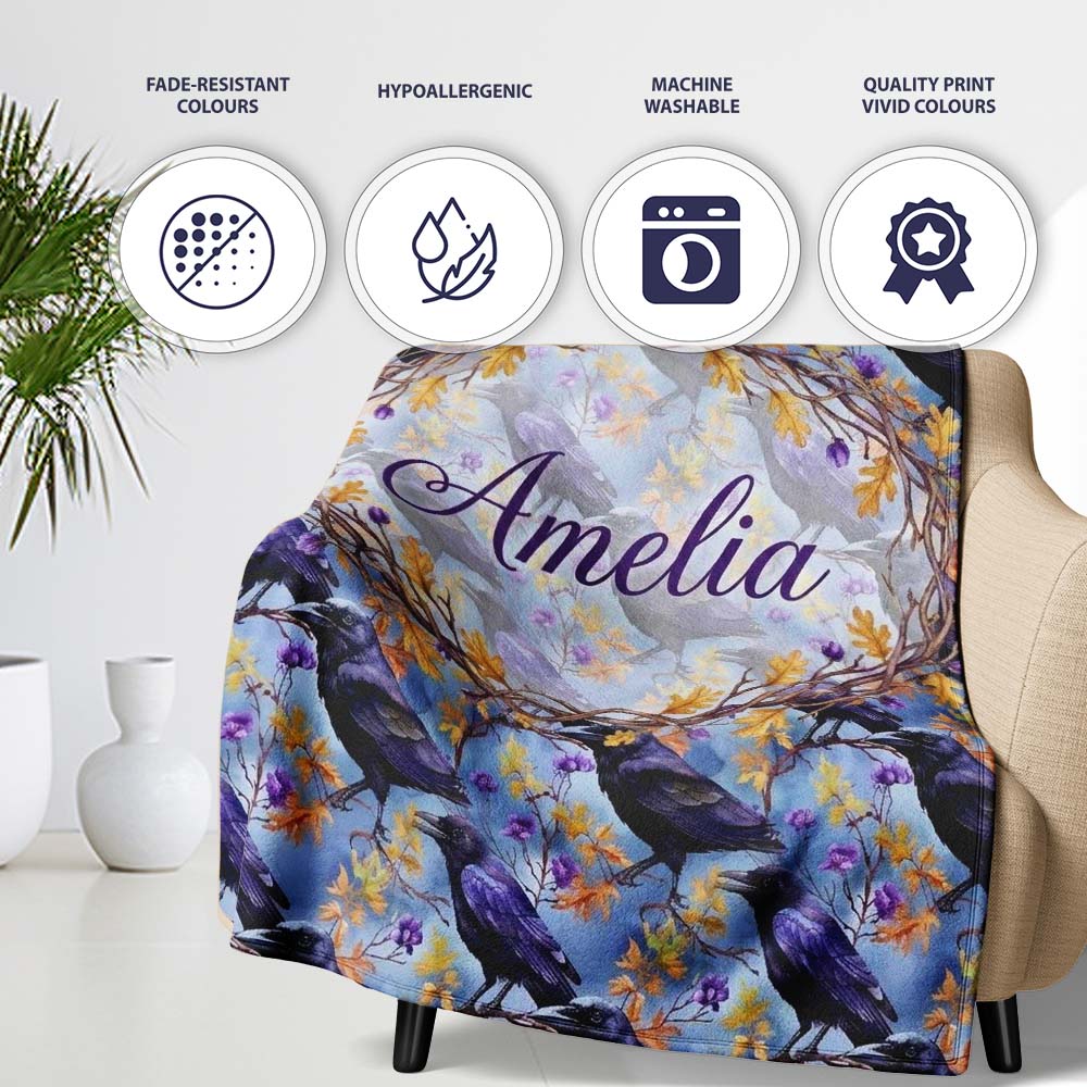 Purple Black Raven Bird with Autumn Leaves Seamless Pattern Lovely  Personalised Custom Name Super Soft Fleece Blanket Bed Sofa Throw