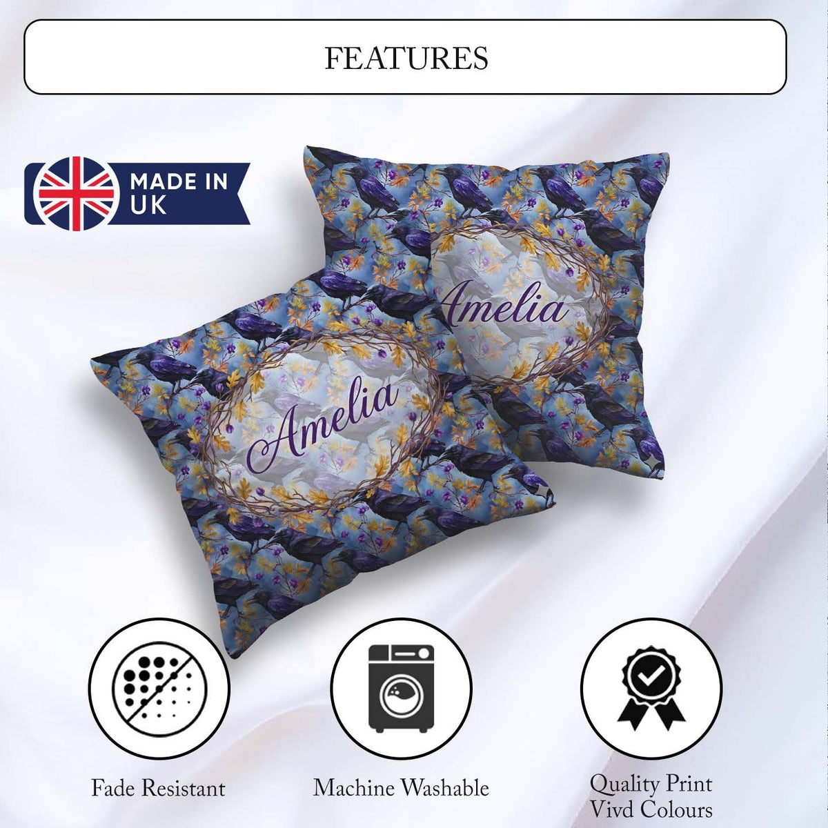 Custom Name Purple Black Raven Bird with Autumn Seamless Pattern Square Filled Cushion Throw Pillow Sofa Bed Home Decor Zip Washable UK Made