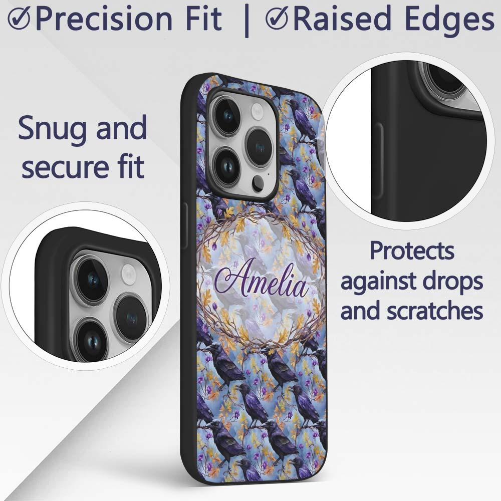 Purple Black Raven Bird with Decorative Design Custom Name Protective Phone Case Mobile Cover Durable Everyday Smartphone Shock Resistant