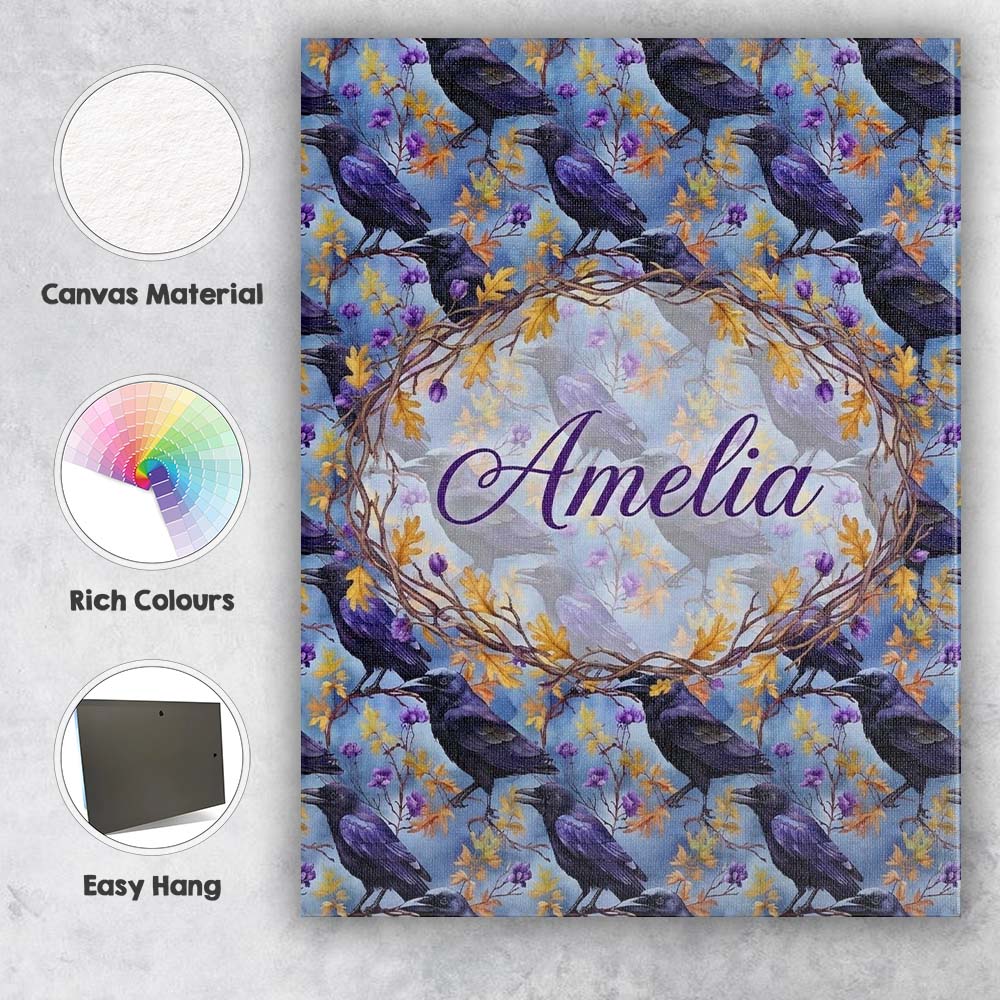 Personalised Name Purple Black Raven Bird Custom  Unique Gift Idea Elegant Feature Canvas Wall Art Print Decor Picture Ready to Hang