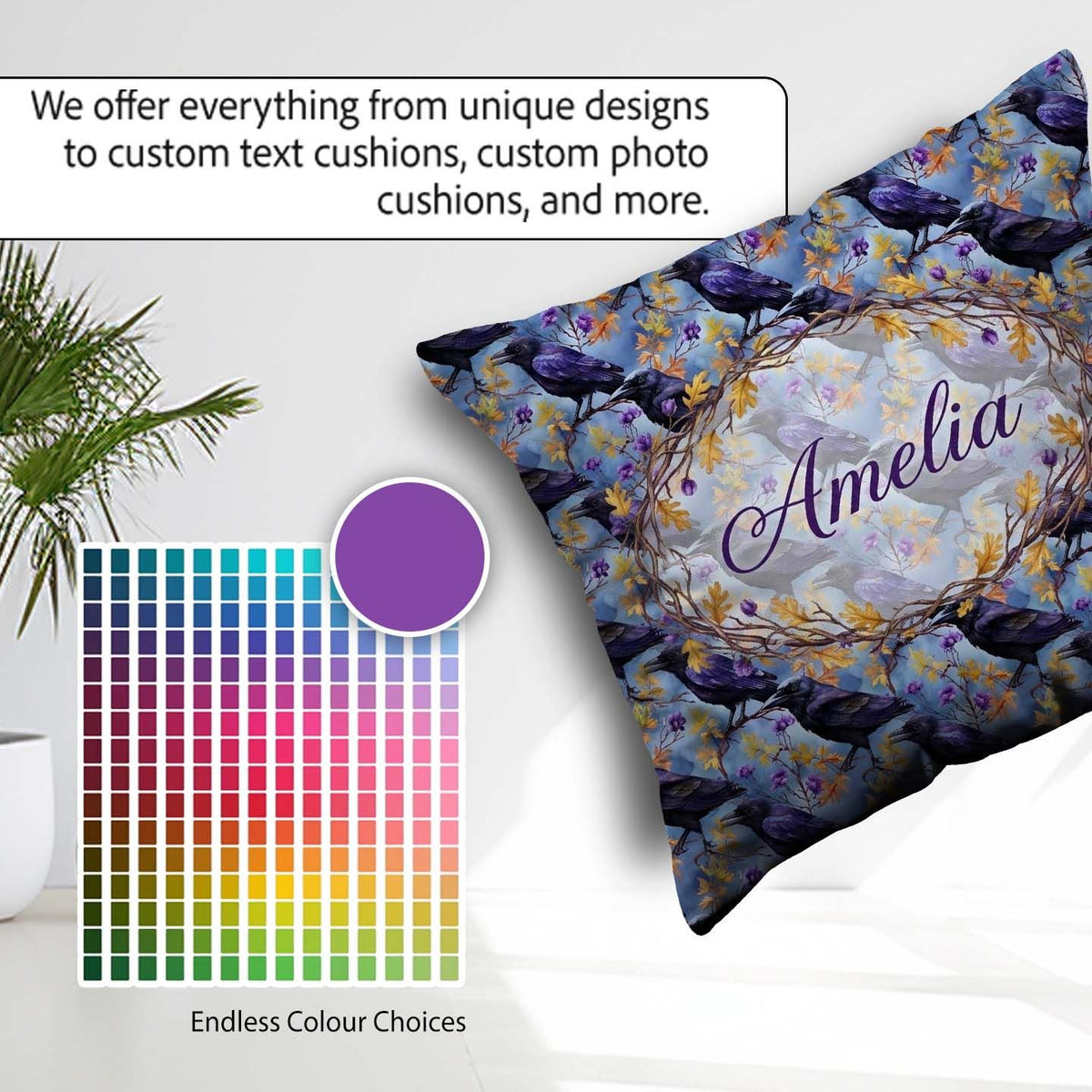 Custom Name Purple Black Raven Bird with Autumn Seamless Pattern Square Filled Cushion Throw Pillow Sofa Bed Home Decor Zip Washable UK Made