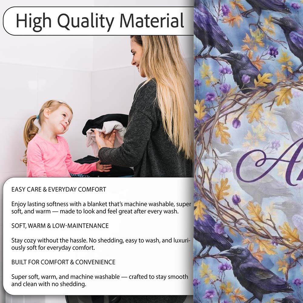 Purple Black Raven Bird with Autumn Leaves Seamless Pattern Lovely  Personalised Custom Name Super Soft Fleece Blanket Bed Sofa Throw