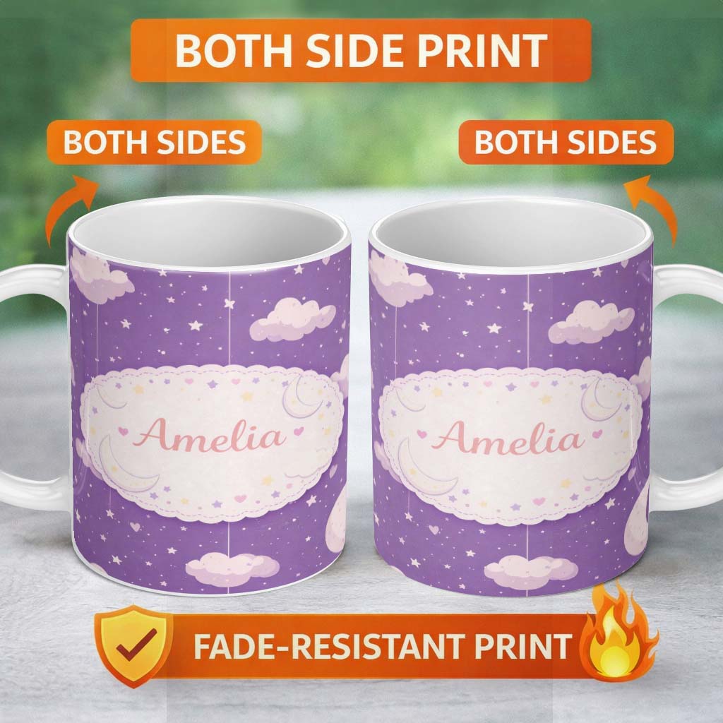 Personalized Custom Name Purple Night Sky Moon Hanging Stars Cute Seamless Pattern Lovely 11oz Ceramic Coffee Tea Mug White Large Handle