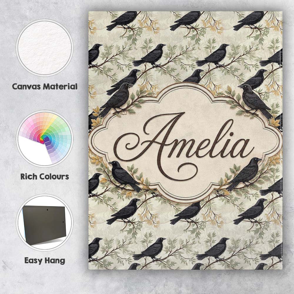 Personalised Name Black Crow Birds on Custom Modern Room Accent Creative Decorator Style Canvas Wall Art Print Decor Picture Ready to Hang