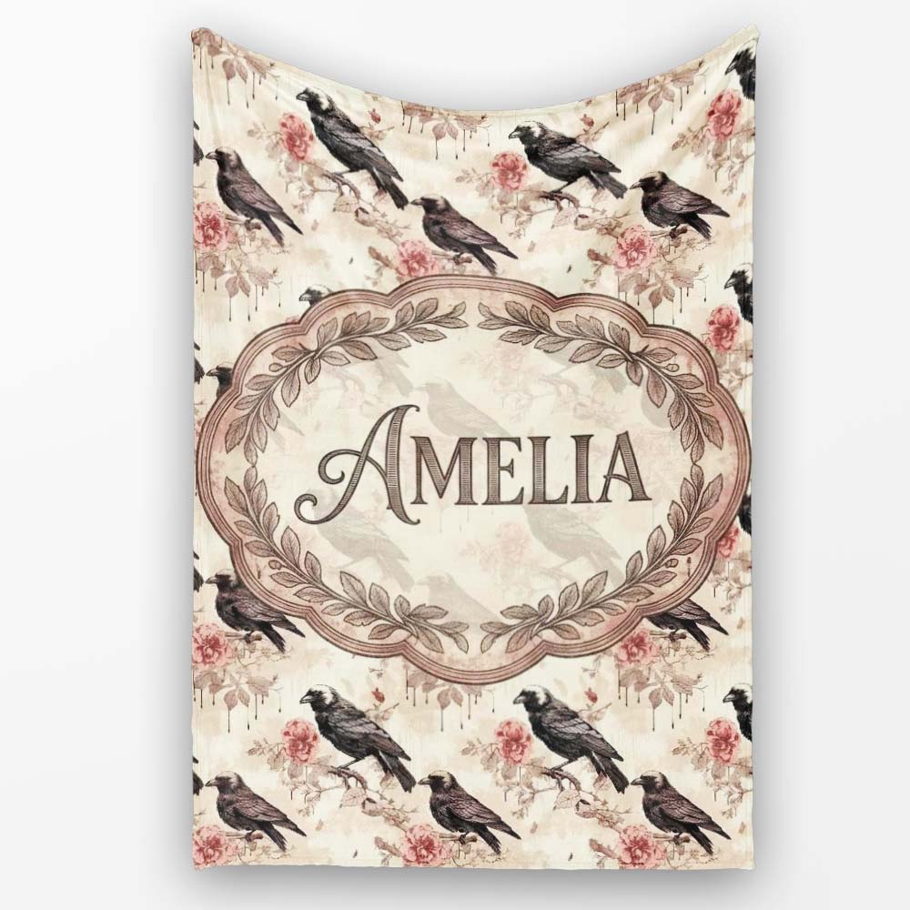 Dark Raven Bird with Roses Vintage Style Seamless Pattern Lovely  Personalised Custom Name Super Soft Fleece Blanket Bed Sofa Throw