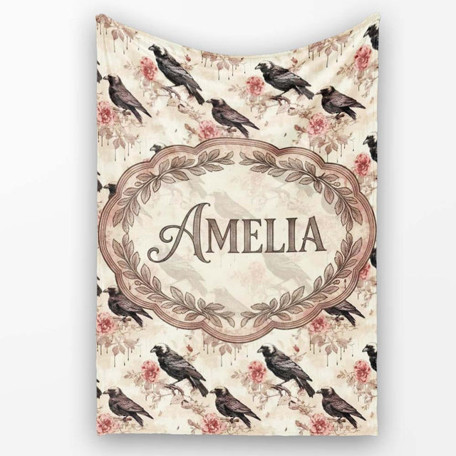 Dark Raven Bird with Roses Vintage Style Seamless Pattern Lovely  Personalised Custom Name Super Soft Fleece Blanket Bed Sofa Throw
