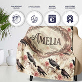 Dark Raven Bird with Roses Vintage Style Seamless Pattern Lovely  Personalised Custom Name Super Soft Fleece Blanket Bed Sofa Throw