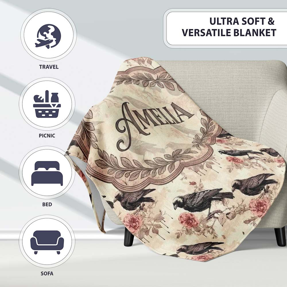 Dark Raven Bird with Roses Vintage Style Seamless Pattern Lovely  Personalised Custom Name Super Soft Fleece Blanket Bed Sofa Throw