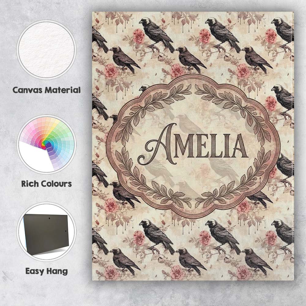 Personalised Name Dark Raven Bird with Custom  Modern Room Accent Elegant Feature Canvas Wall Art Print Decor Picture Ready to Hang