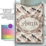 Dark Raven Bird with Roses Vintage Style Seamless Pattern Lovely  Personalised Custom Name Super Soft Fleece Blanket Bed Sofa Throw