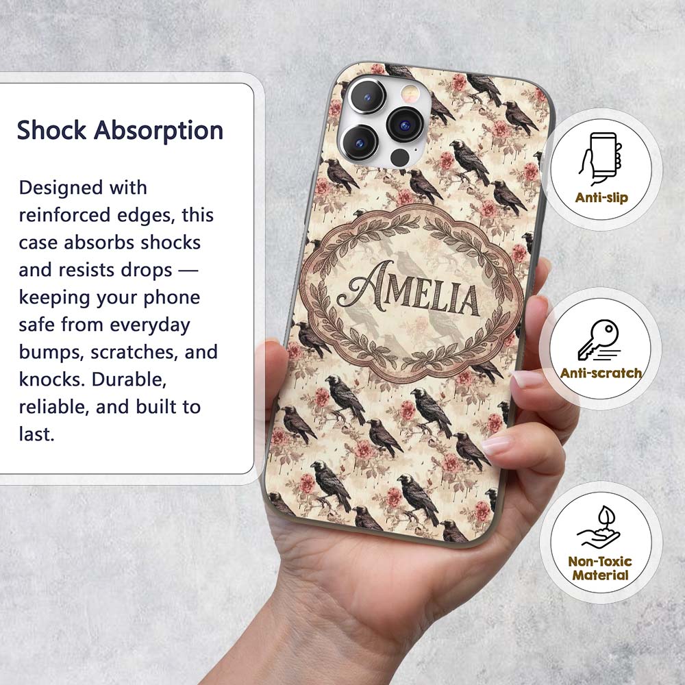 Dark Raven Bird with Roses Vintage Style Seamless Custom Name Protective Phone Case Mobile Cover Durable Everyday Smartphone Shock Resistant