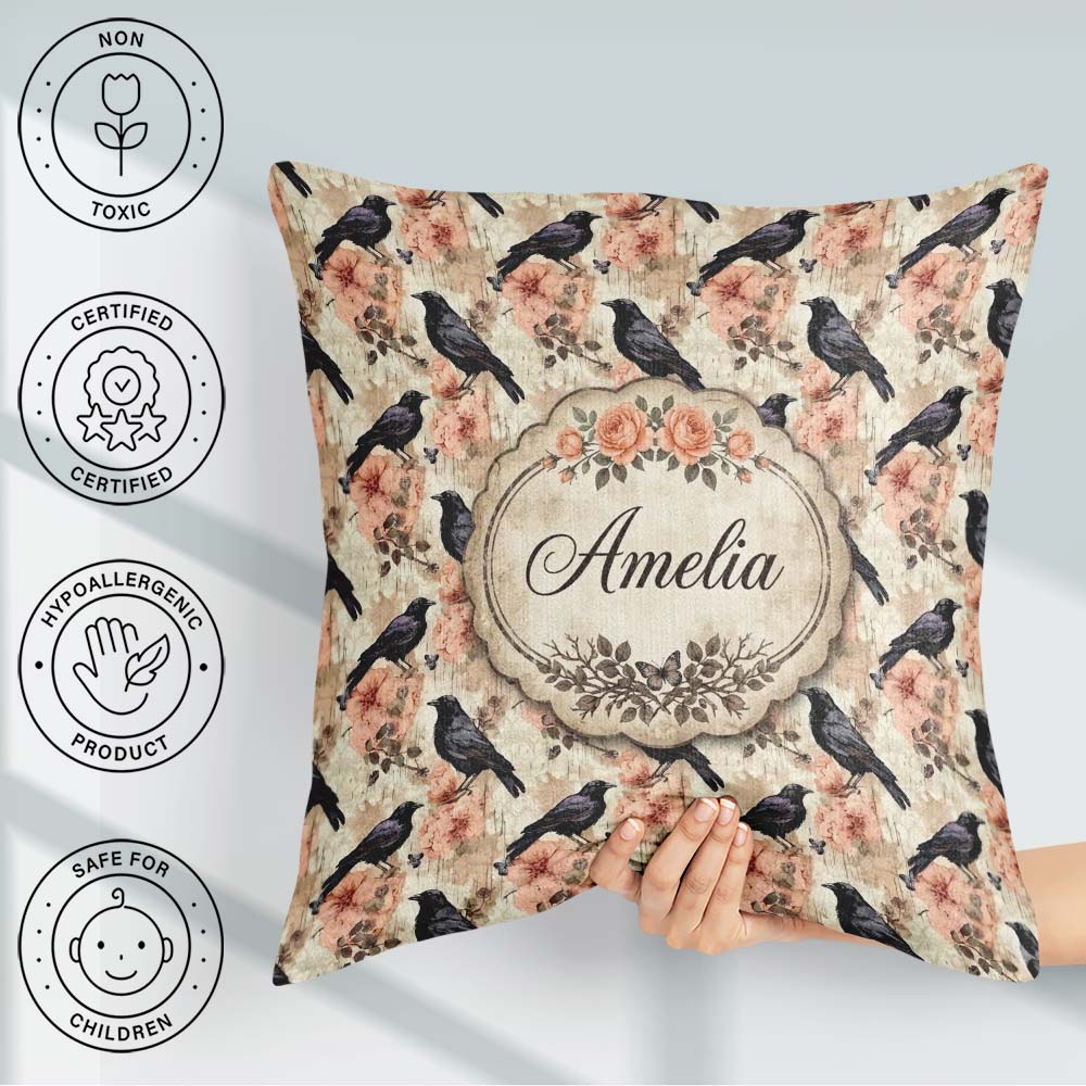 Custom Name Crow Birds Grunge Orange Background Seamless Pattern Square Filled Cushion Throw Pillow Sofa Bed Home Decor Zip Washable UK Made
