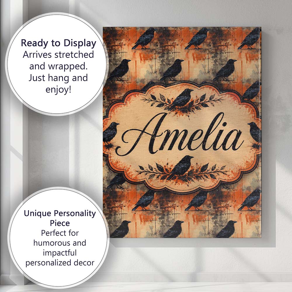Personalised Name Grunge Gothic Raven with Custom  Unique Gift Idea Elegant Feature Canvas Wall Art Print Decor Picture Ready to Hang