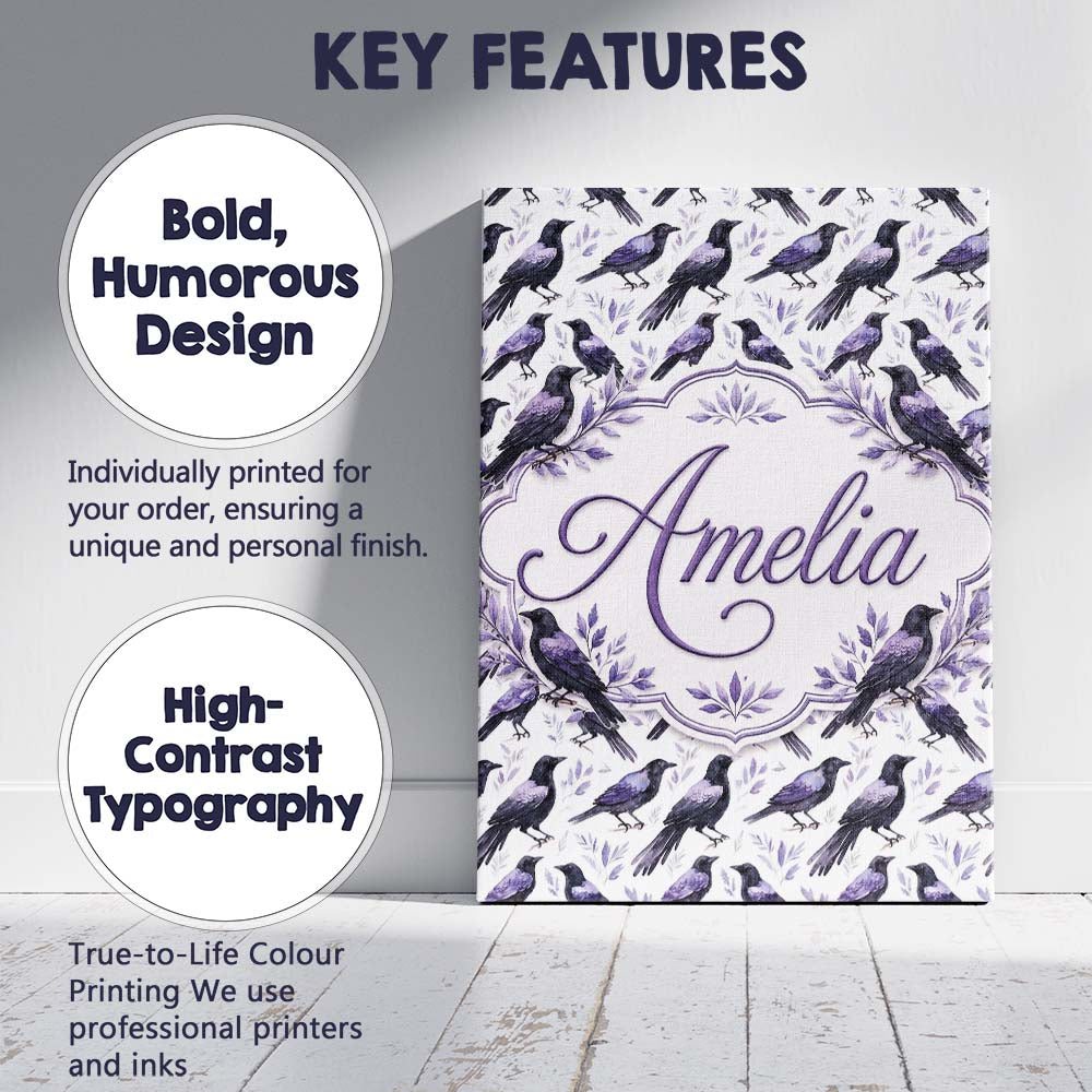 Personalised Name Purple Black Raven Birds Custom  Unique Gift Idea Elegant Feature Canvas Wall Art Print Decor Picture Ready to Hang